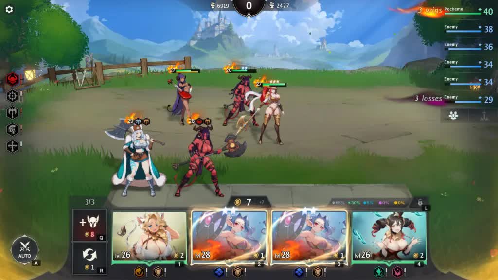 Everlusting Life auto-battle in progress with heroines fighting on the field